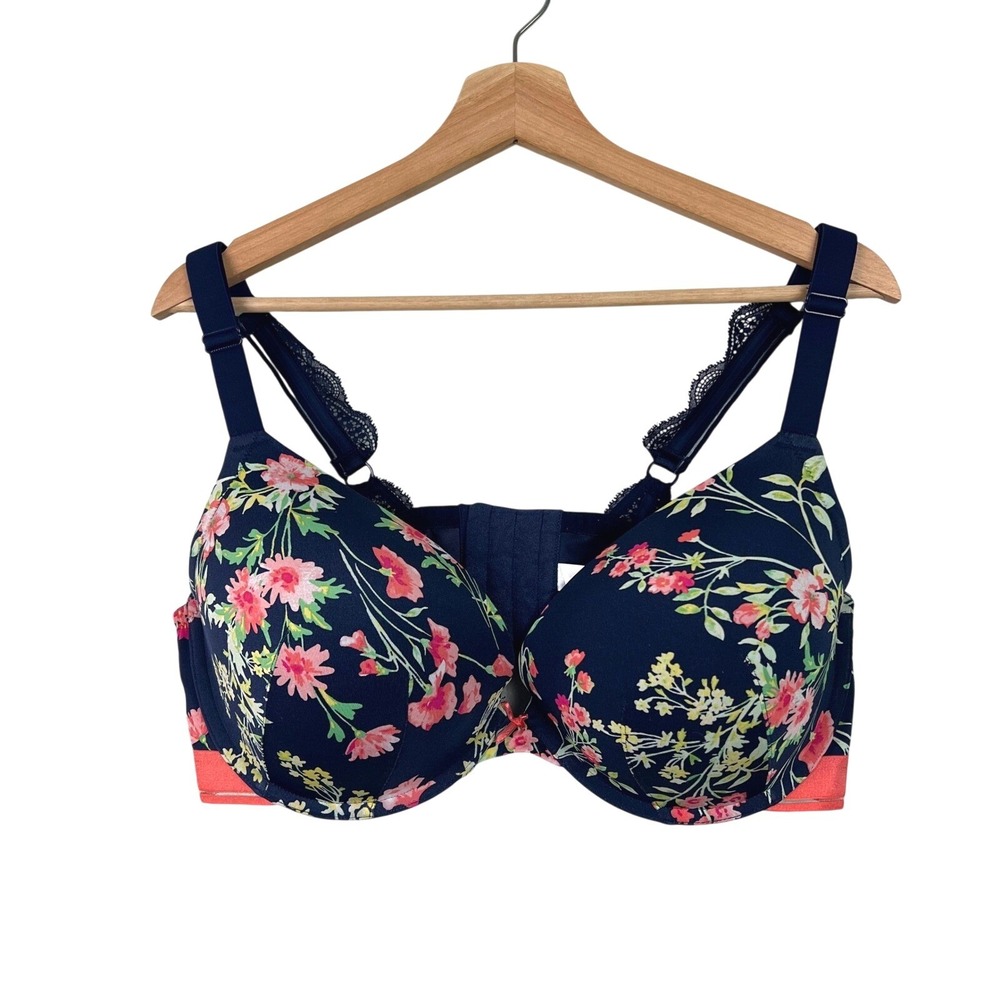 Cacique Boost Plunge Bra Size 44D Navy Blue Floral Lace Trim Underwire Padded